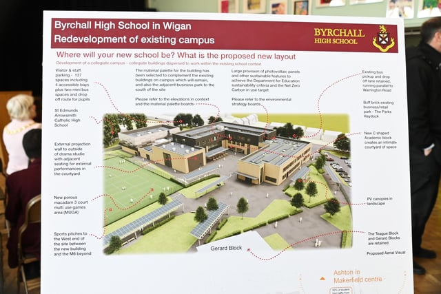 Pupils and invited guests take a look at the plans and designs for the new school building.
