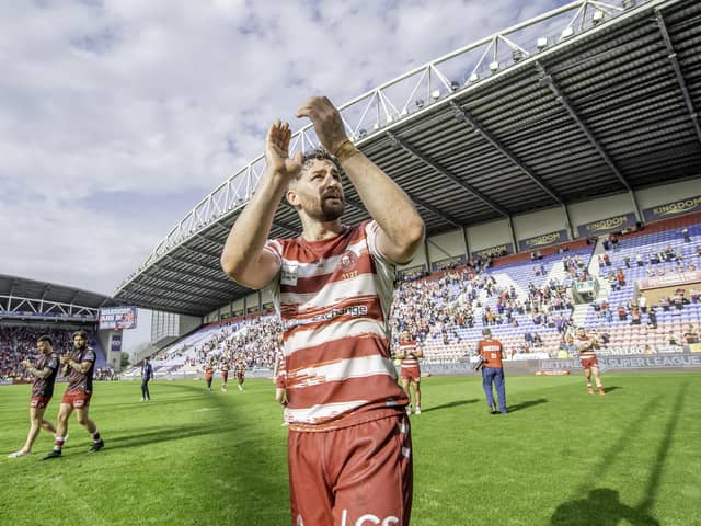 Wigan's Toby King thanks the fans after semi-final victory over Hull KR