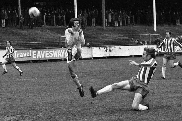 Wigan Athletic's Mickey Moore strikes for goal against Gainsborough Trinity in the Northern Premier League match at Springfield Park on Saturday 19th of November 1977. Latics won the game 2-1 with goals from John Wilkie and an own goal.