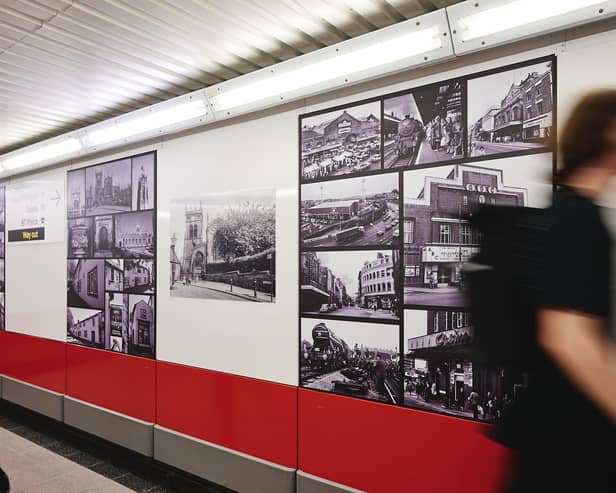 The Wonders of Wigan Mural displays a series of 'then and now' images of the town's landmarks. Picture: Avanti West Coast