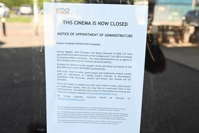 A notice of appointment of administrators on the door of Wigan's Empire cinema.