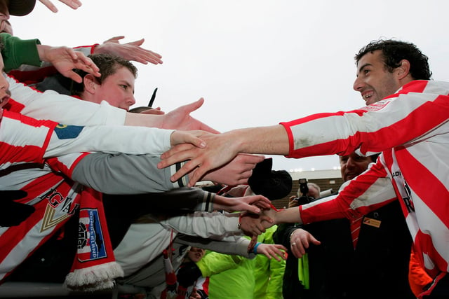 Julio Arca shakes hands with supporters after his side's 1-0 victory in the Championship match between Sunderland and Stoke City at the Stadium of Light on May 8, 2005.