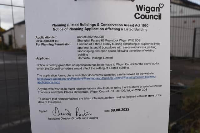 A notice outside the former Shanghai Palace shows an application has been made to demolish it to make way for a three-storey building for 24 supported living apartments and six bungalows.