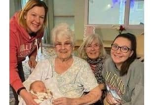 From left to right: Debbie Townsend, Margaret Hanebach holding baby Ruben, Pat Mills and Amber Townsend