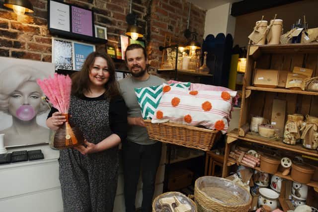 From left, Claire Southern and Chris Richmond, owners of Hetty and Flo, a new independent shop selling homewares and gifts, on Market Street, Hindley.