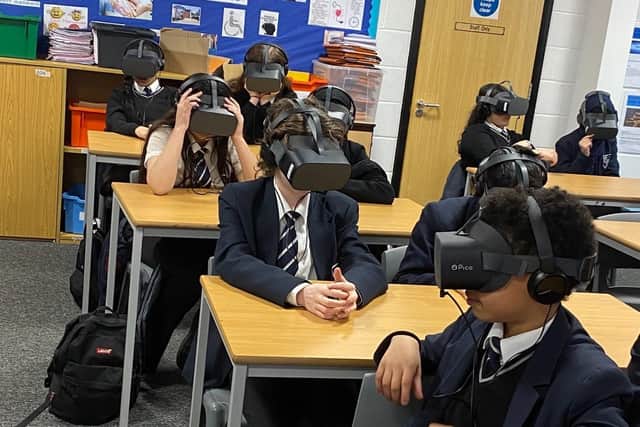 High school pupils are using virtual reality headsets to learn about the dangers of throwing missiles at buses, trains and trams