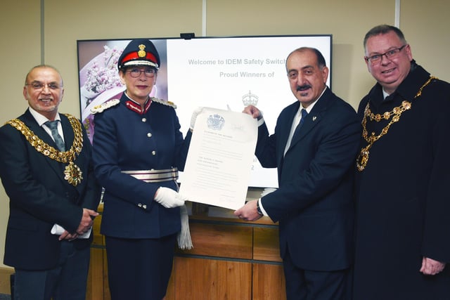 from left, The Mayor of Bolton coun Akhtar Zaman, GM Lord Lieutenant Diane Hawkins, Idem managing director Medi Mohtasham and Deputy Mayor of  Wigan Coun Kevin Anderson.