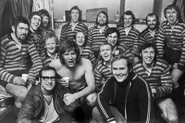 The Orrell team celebrate after beating top side Northampton 19-9 in the National Knockout Cup quarter-final at Edge Hall Road on Saturday 9th of March 1974. 