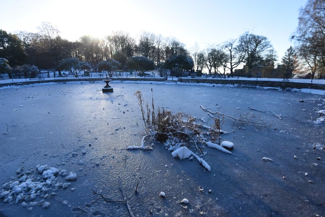Frozen pond at Haigh Woodland Park, Wigan.