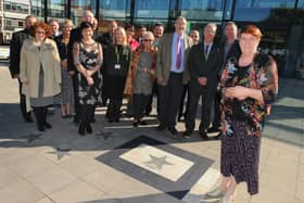 Barbara Nettleton, right, with council bosses and councillors at the unveiling of her star on Believe Square in 2016