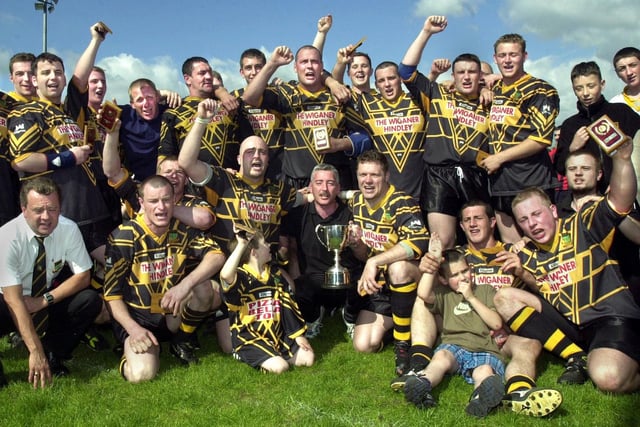 Hindley celebrate winning the Ken Gee Cup Final after beating St. Pat's "A" team 16-12 at Orrell on Sunday 10th of June 2001.