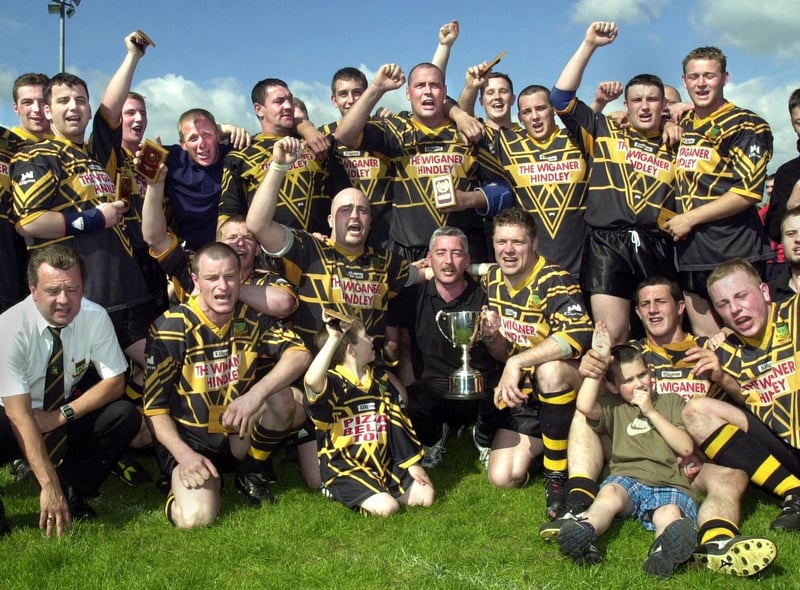 Hindley celebrate winning the Ken Gee Cup Final after beating St. Pat's "A" team 16-12 at Orrell on Sunday 10th of June 2001.