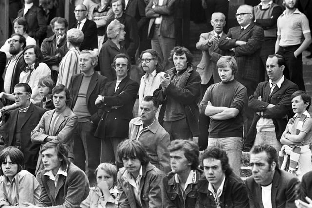 Wigan Athletic fans watching the Northern Premier League match against Gainsborough Trinity at Springfield Park on Saturday 30th of August 1975 which ended in a 0-0 draw.