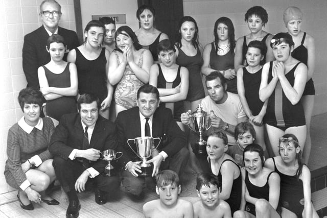 Hindley swimming club receive trophies in 1971.