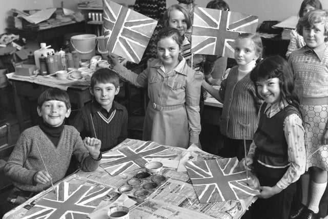 Pupils make flags at St. Michael's Primary School, Wigan, in 1977 in preparation for the Queen's Silver Jubilee celebrations.