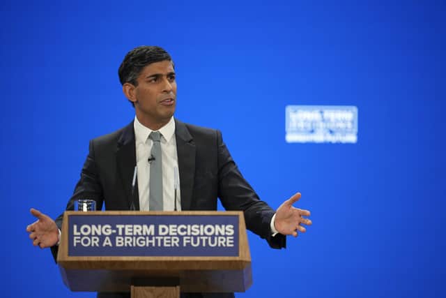 Prime Minister Rishi Sunak speaks during the final day of the Conservative Party conference