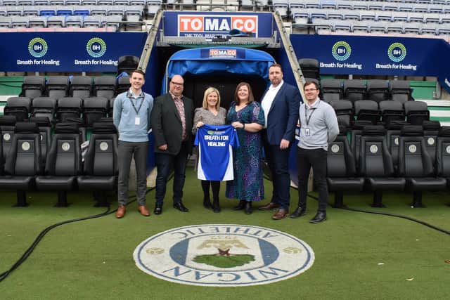 Breath for Healing are already in the sponsorship game and they haven't launched yet. Left to right: Bradleigh Cregeen (Wigan Athletic commercial executive), Martin Halliwell (BH Director), Carrie Kennedy (BH marketing), Claire Halliwell (BH therapist) and Zach Spicer (Wigan Athletic commercial executive)
