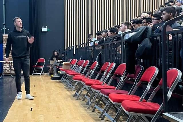 Youth speaker Luke Askew addressing students
