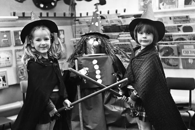 Jennifer McConochie and Clare Gorner prepare for Halloween at Evans County Infants School, Ashton, in October 1976.