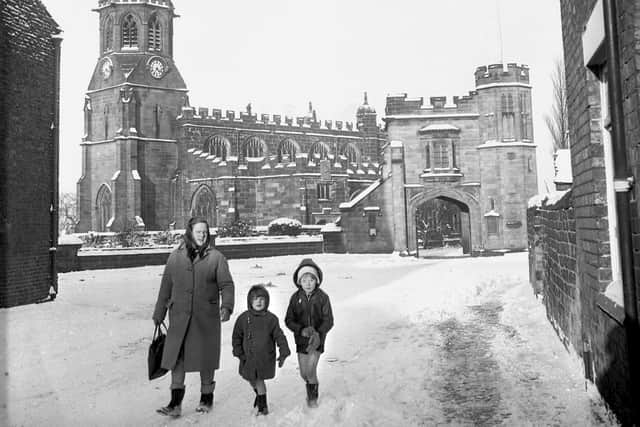 A winter scene on Cross Street, Standish, featuring  St. Wilfrid's Church, Standish, after a heavy snowfall in 1968.
