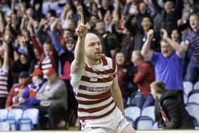 Picture by Allan McKenzie/SWpix.com - 07/05/2022 - Rugby League - Betfred Challenge Cup Semi Final - Wigan Warriors v St Helens - Elland Road, Leeds, England - Wigan's Liam Marshall celebrates scoring a try against St Helens.
