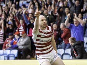 Picture by Allan McKenzie/SWpix.com - 07/05/2022 - Rugby League - Betfred Challenge Cup Semi Final - Wigan Warriors v St Helens - Elland Road, Leeds, England - Wigan's Liam Marshall celebrates scoring a try against St Helens.