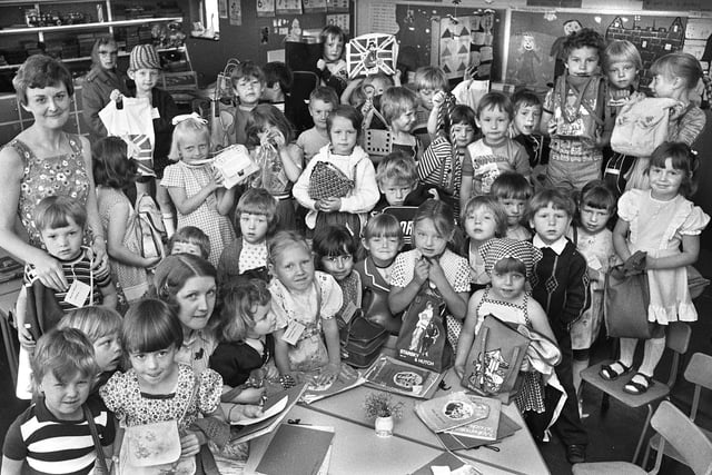  Infants show their bag designs at Ince CE Primary School in June 1977.