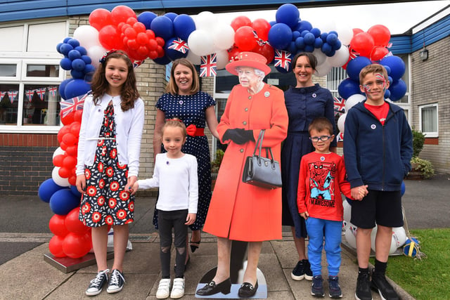 Pupils at Wood Fold Primary School, Standish, have a day of celebration for the Queen's platinum jubilee, they dressed up for the occasion in red, white and blue and a teacher played the national anthem during a tea party.