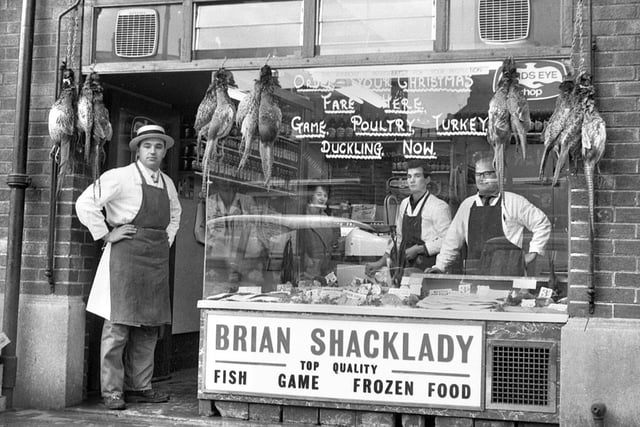 Brian Shacklady's fish shop at the old Wigan market in 1966.  