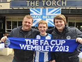 FA Cup final 2013 at Wembley  - Wigan Athletic v Manchester CityWigan Athletic fans, from left, James Mitchell, Martin Johnson and James Mitchell, show their support for the Latics, at The Torch pub, Wembley.