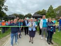 The then Mayor Coun Marie Morgan and Sky Sports rugby league presenter Phil Clarke get the 2022 Memory Walk underway at Haigh Woodland Park