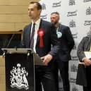 Josh Simons delivers his acceptance speech after winning the Makerfield seat for Labour