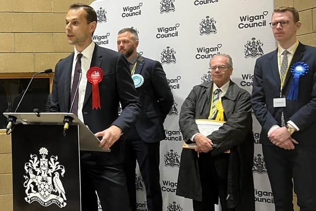 Josh Simons delivers his acceptance speech after winning the Makerfield seat for Labour