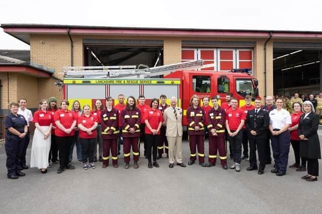 King Charles at Morecambe Community Fire Station to view the work of The Princes’ Trust and Lancs Fire and Rescue Service last year