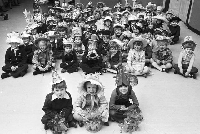 The Easter bonnet parade at St. Mary's Primary School, Lower Ince, in 1980.