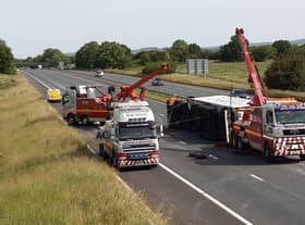 Recovery is still ongoing after a lorry overturned on M6 between Preston and Lancaster at 2.30am (June 17)