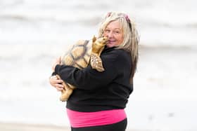 Jackie Leek who has a giant tortoise as a therapy pet whom she has called Mr Miyagi