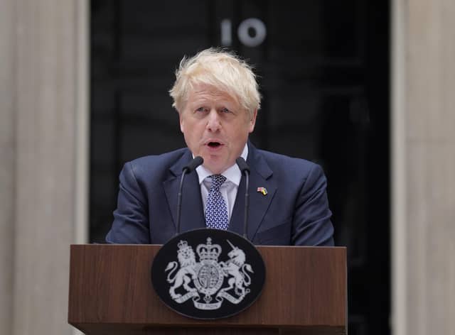 Prime Minister Boris Johnson reads a statement outside 10 Downing Street, London, formally resigning as Conservative Party leader. Picture credit: PA