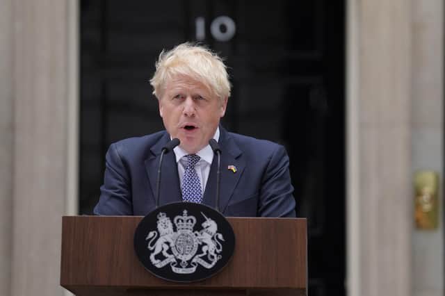Prime Minister Boris Johnson reads a statement outside 10 Downing Street, London, formally resigning as Conservative Party leader. Picture credit: PA