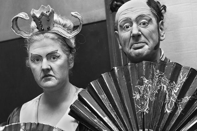 Jennifer West as Katisha and John Benn in the title roll as the Mikado staged by Wigan Gilbert and Sullivan Society at St. John's Hall, Wigan, in October 1971.