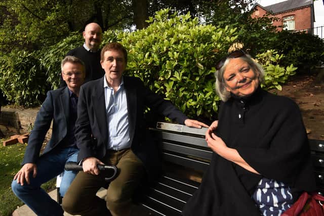 From left: elatives of Mary O'Shaughnessy, Jamie O'Shaughnessy, Pat Regan and Dr Nicholas Jackson O'Shaughnessy, sit on the memorial bench with Babs Hennessy, member of The Mary O'Shaughnessy Society and organiser of the event