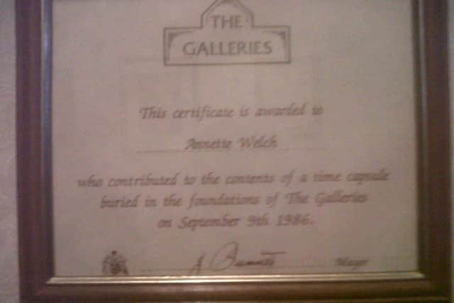 Certificate given for contributing towards the contents of the time capsule memory box that was buried under Wigan Galleries.