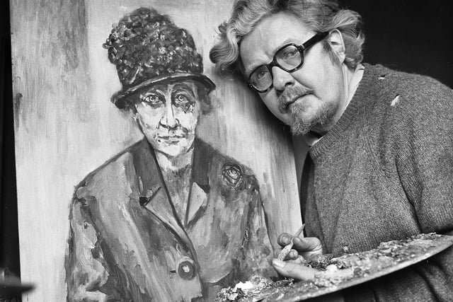 Wigan artist James Lawrence Isherwood with his painting of mum Lily in April 1969.
