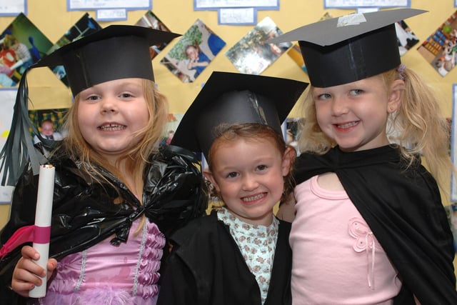Pupils at Little people nursery, Warrington Road, Wigan were treated to an end of term graduation ceremony. Pictured are LtR: Ruby, Amy and Ruby. (Jean)