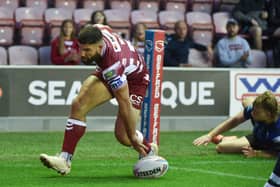 Abbas Miski scores against Hull KR during Super League Round 21