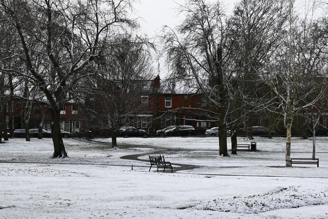 A snow scene in Jubilee Park, Ashton-in-Makerfield.