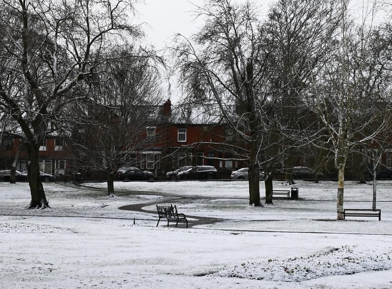 A snow scene in Jubilee Park, Ashton-in-Makerfield.