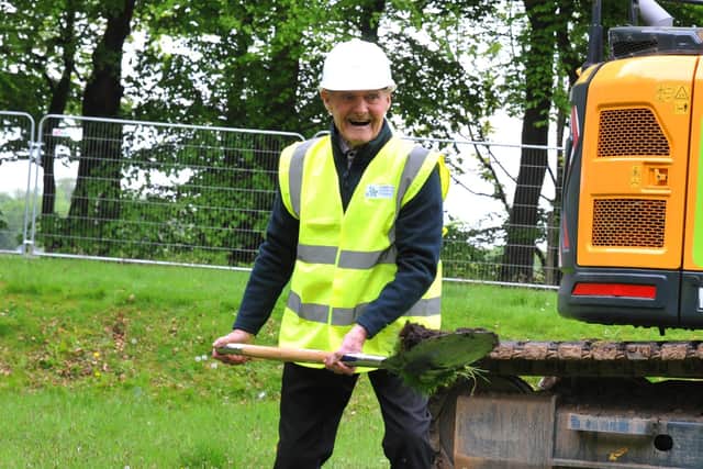 Care home resident Jim Carmichael breaks ground for the new Langtree care home