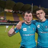 Harry Smith and Brad O'Neill celebrate a famous victory in Perpignan