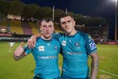 Harry Smith and Brad O'Neill celebrate a famous victory in Perpignan